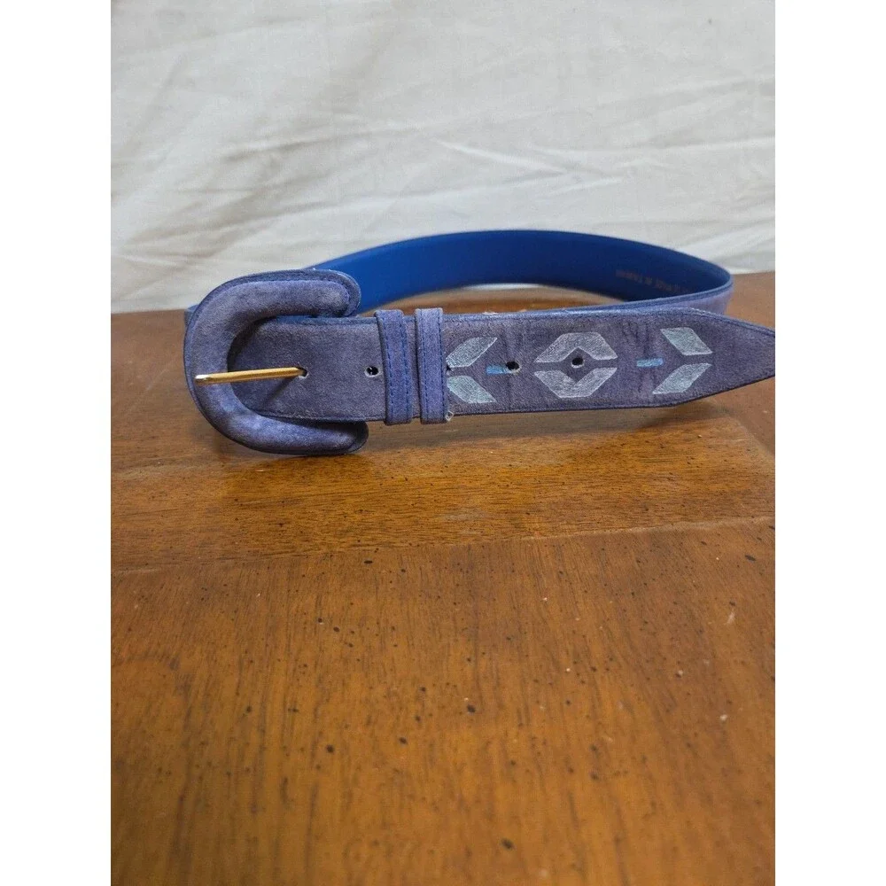 Honors Accessories Blue Suede Belt Size Medium Large Geometric Print 1980s 1990s